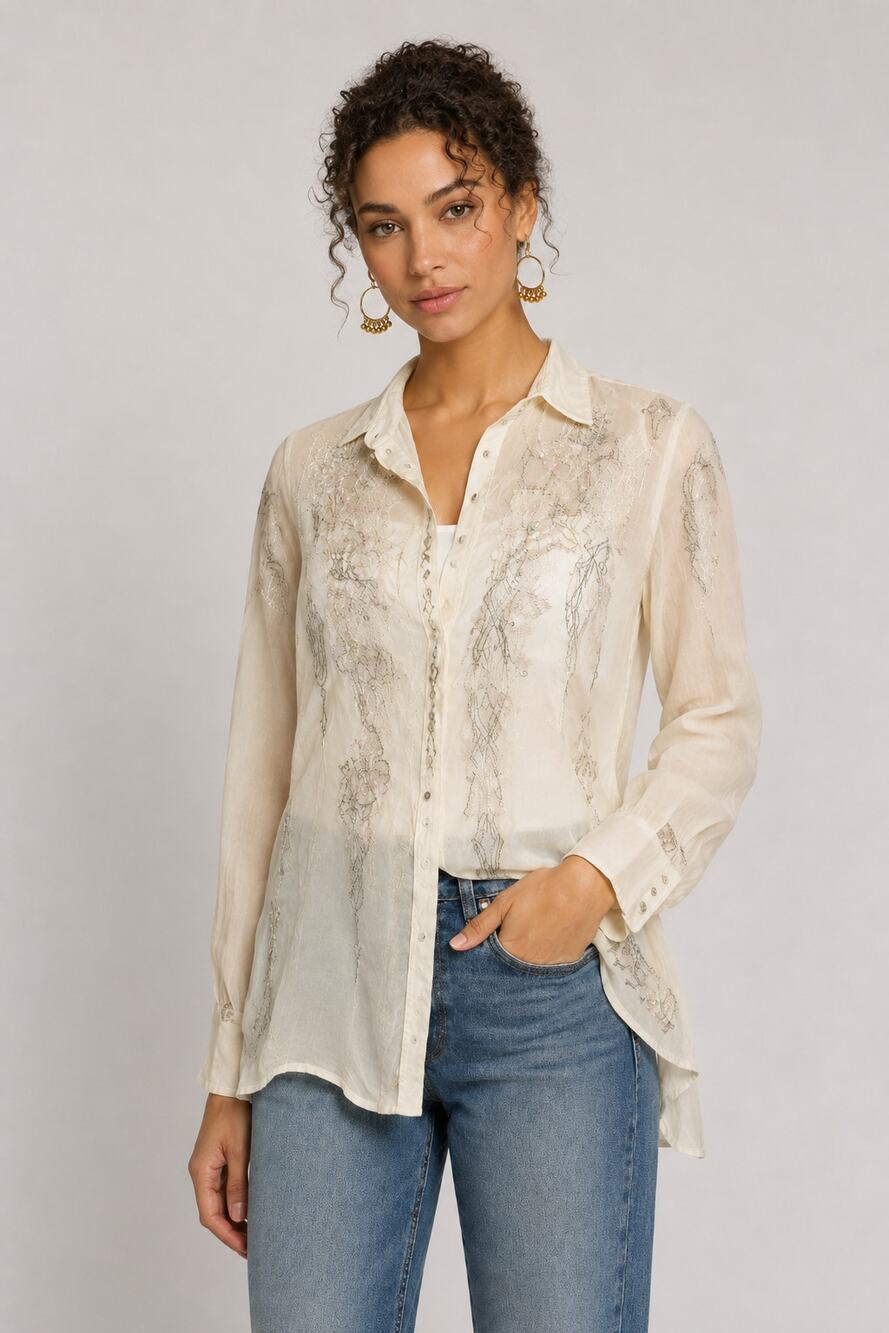 JOHNNY WAS Cream Silk Embroidered Crinkle Button-Down Blouse Medium EUC